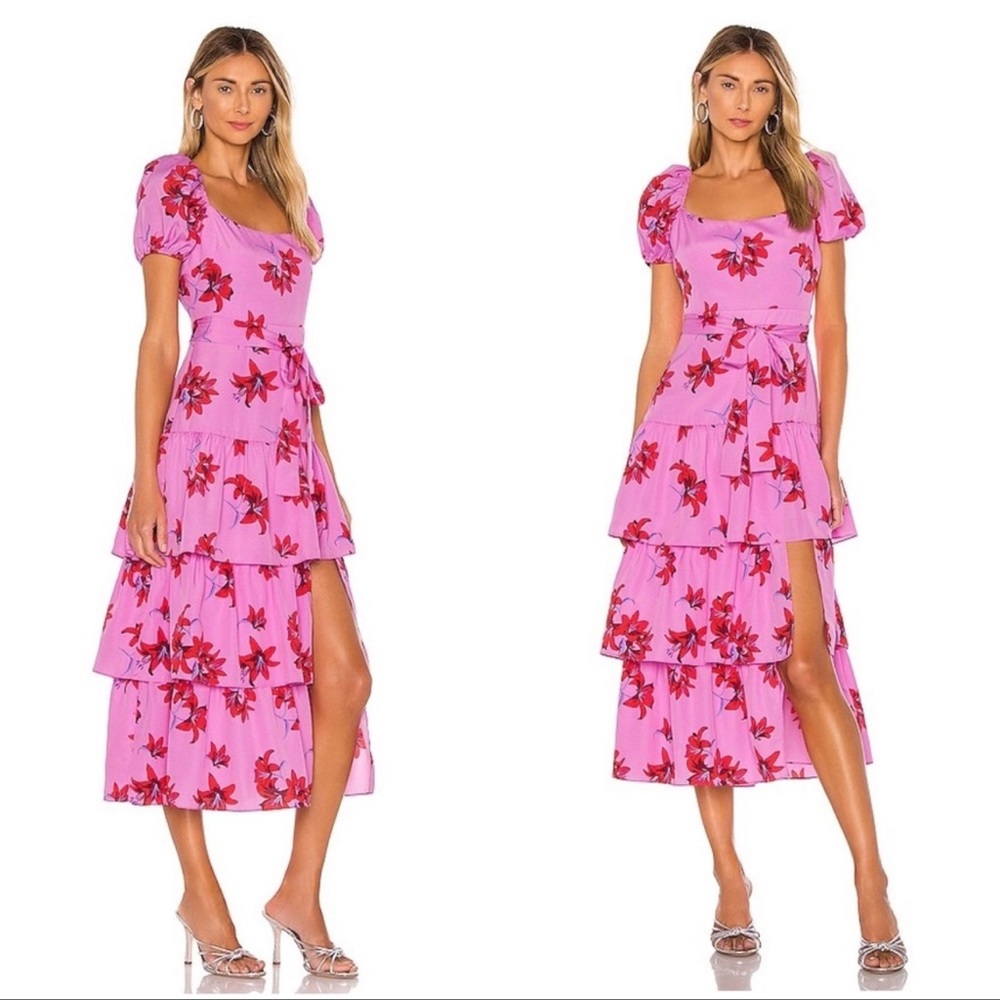 NWT Revolve Likely Lottie Puff-Sleeve Floral Pink Midi Dress Size 8